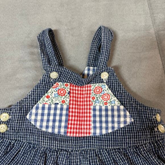 Vintage Denim Floral Gingham Overalls Dress Baby Girl 6-9 Months Shabby Chic - Picture 3 of 8